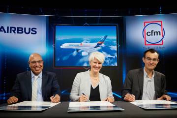 Left to right;Mohamed Ali, Vice President, Engineering, GE Aerospace; Sabine Klauke, Airbus Chief Technical Officer;  François Bastin, Vice President, Commercial Engines, Safran Aircraft Engines.