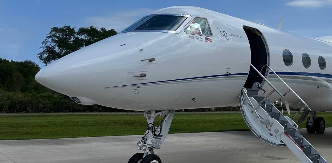 Satcom Direct works with multiple satcom network operators to provide connectivity services, but also markets the compact Plane Simple antenna system, which it mounted on its Gulfstream G550.
